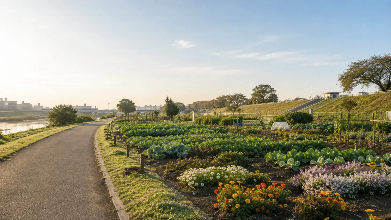 足立区都市農業公園の散歩ガイド。荒川河川敷花壇、園内の畑、古民家、マルシェ、アクセスや開園時間を整理し、季節ごとの歩き方を紹介します。