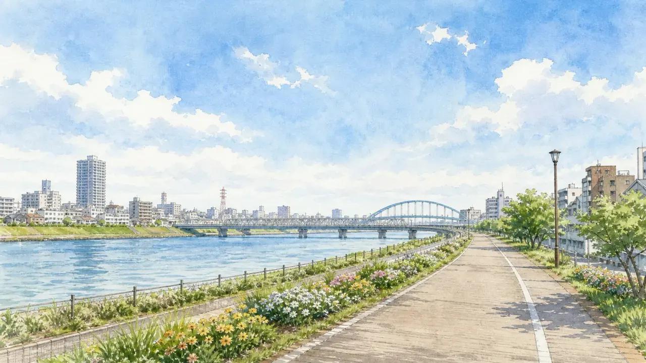 足立区で散歩したい人向けに、北千住から荒川河川敷、千住大橋、五色桜大橋、舎人公園、足立区都市農業公園をエリア別に整理。広い空、水辺、下町、季節の花を楽しむ散歩ガイドです。