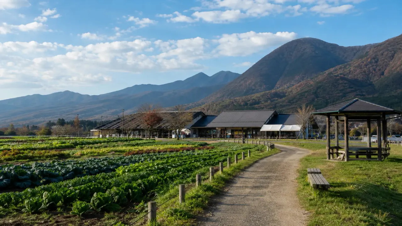 昭和村の高原野菜畑と道の駅あぐりーむ昭和、山並みをイメージしたカバー画像