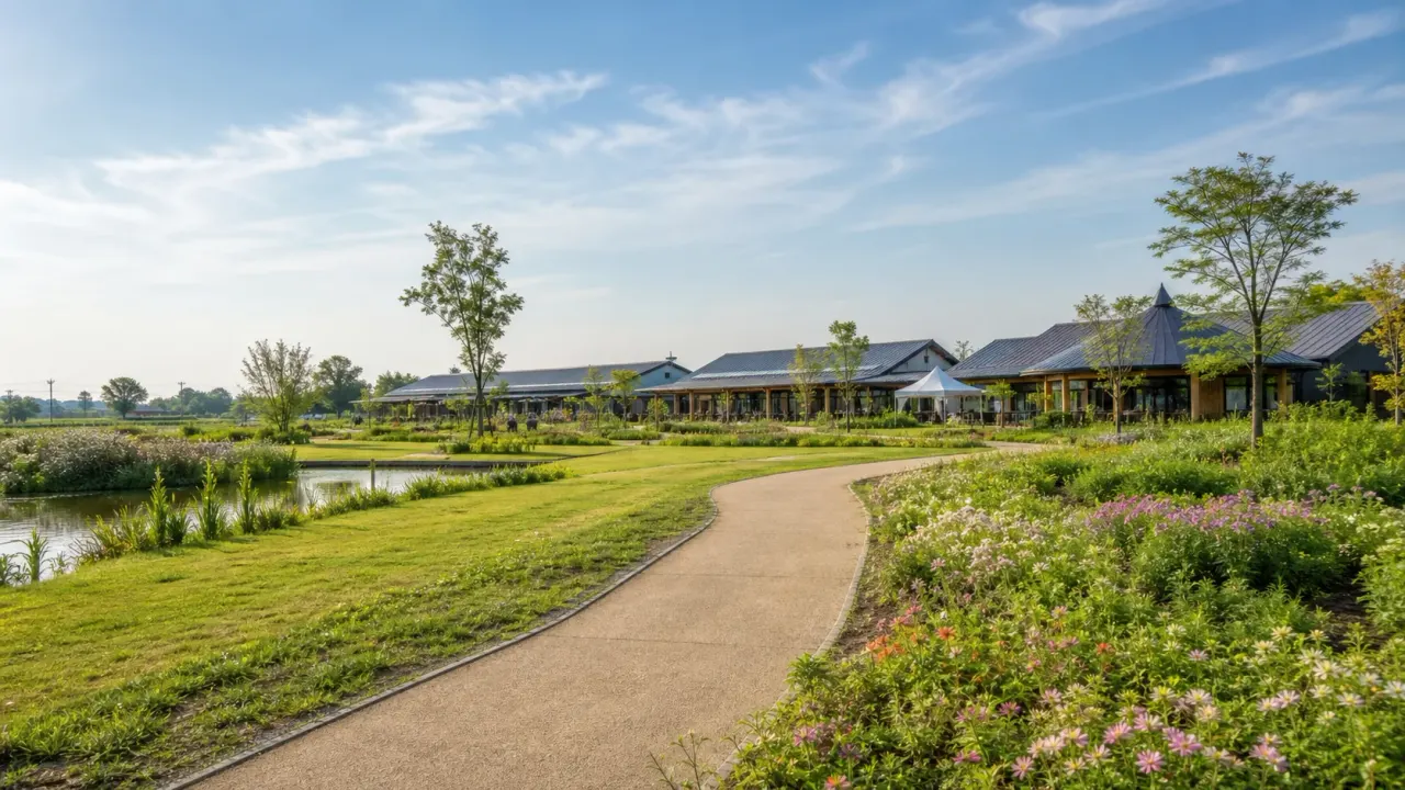 杉戸町のアグリパークゆめすぎとを思わせる花壇と芝生、直売所のある農業公園の風景