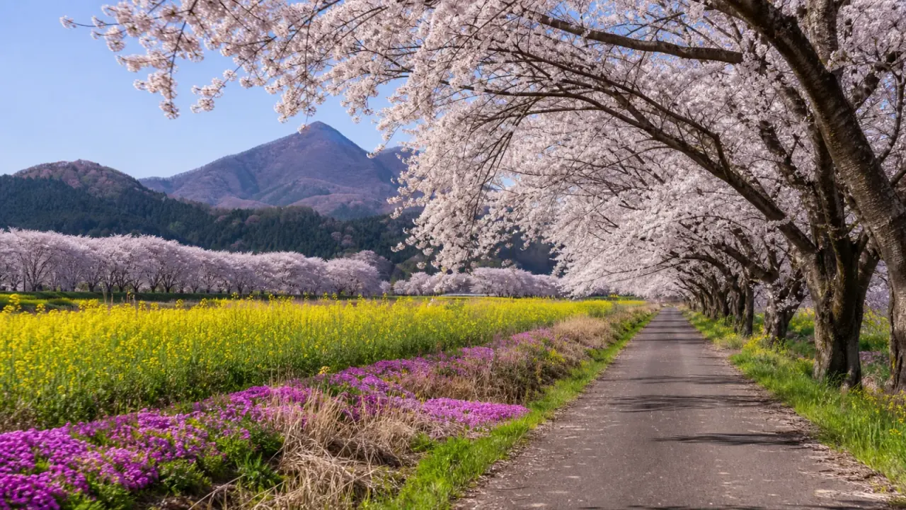 赤城山麓の桜並木と菜の花、芝桜をイメージした春散歩のカバー画像