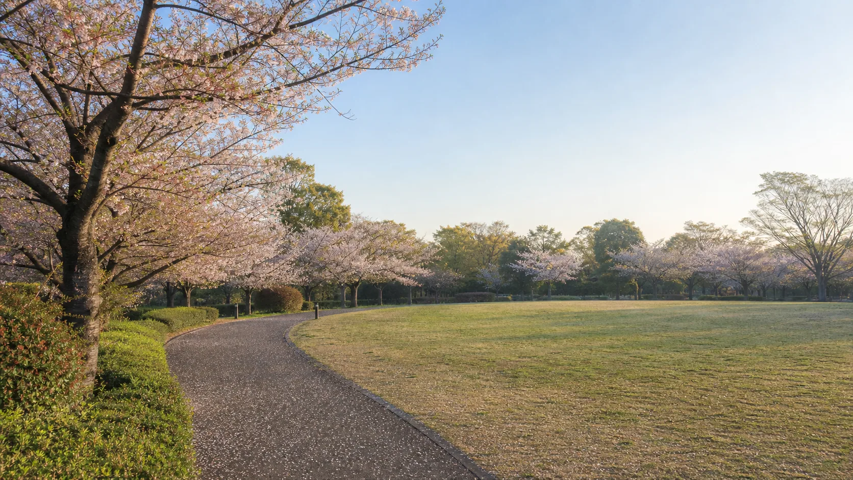 春の広い公園と桜の空気感のイメージ