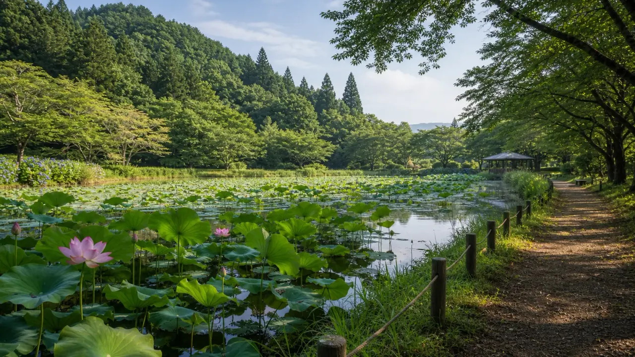 里山に囲まれた明見湖の水面に蓮の葉が広がり、散策道から水辺を眺める明見湖公園をイメージしたカバー画像