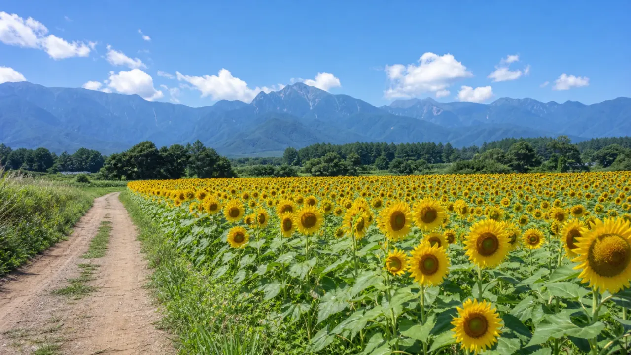 北杜市明野のひまわり畑で、八ヶ岳、南アルプス、富士山を背景にした夏の花景色を短時間で味わう散歩を紹介。公式情報をもとに、アクセス、見頃、駐車場、暑さ対策をまとめます。