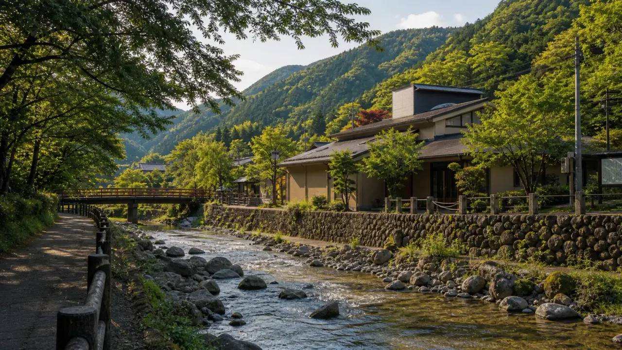 秋山川沿いの木陰と温泉施設を眺める上野原の里山カバー画像