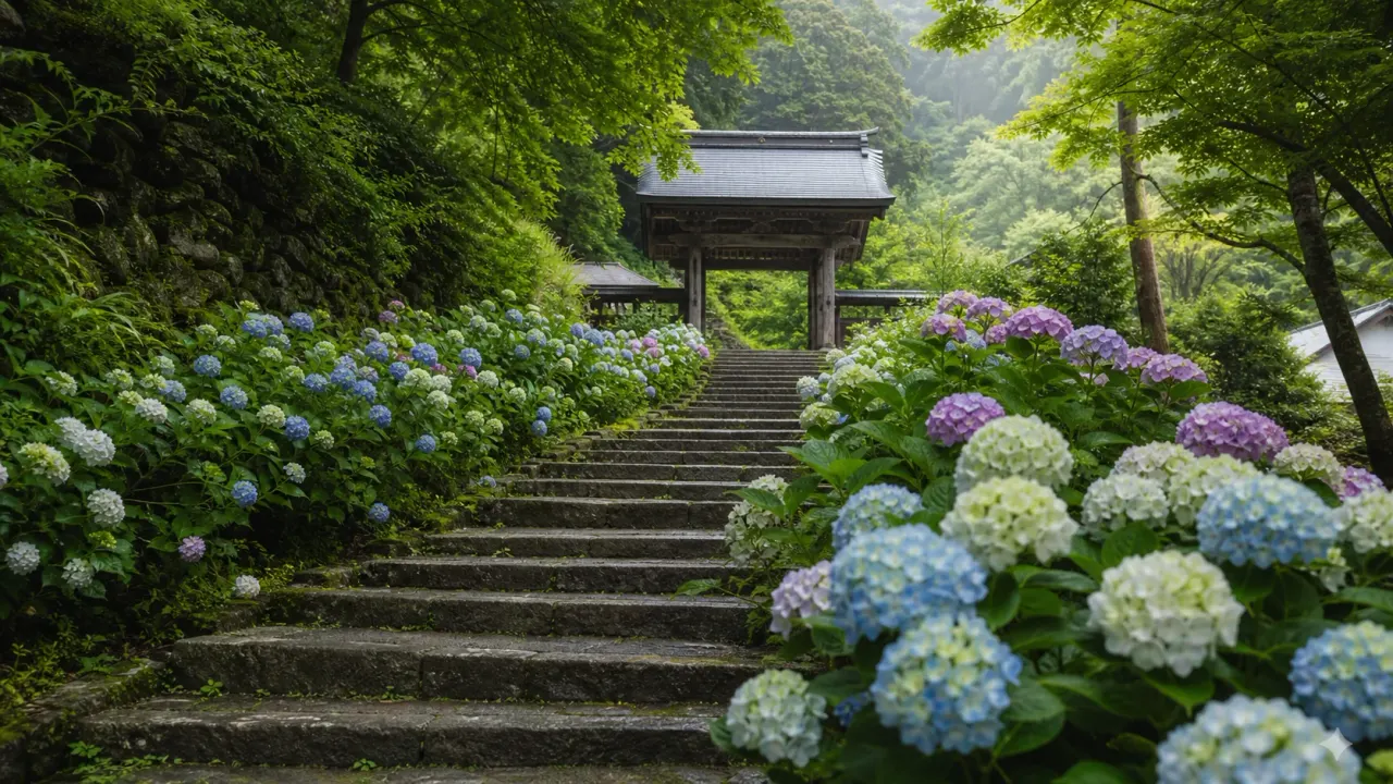 桜川市の雨引観音で、紫陽花が咲く石段と山門を見上げる初夏の寺散歩イメージ