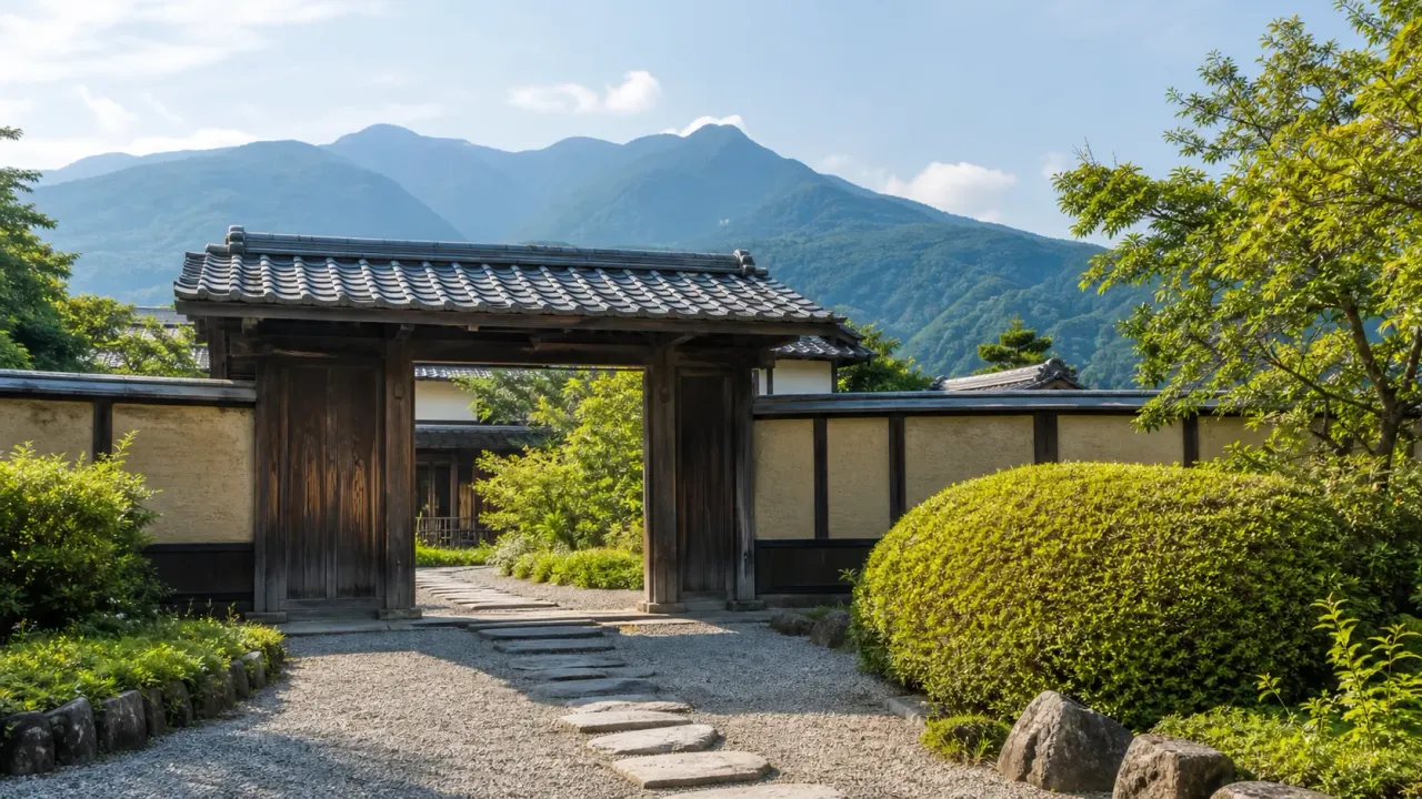 南アルプス市の安藤家住宅を思わせる長屋門と庭、山並みを描いたカバー画像