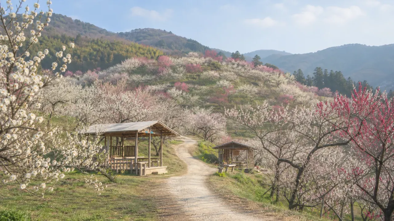 秋間梅林の丘陵に咲く紅白の梅、遊歩道、春の山並みをイメージしたカバー画像