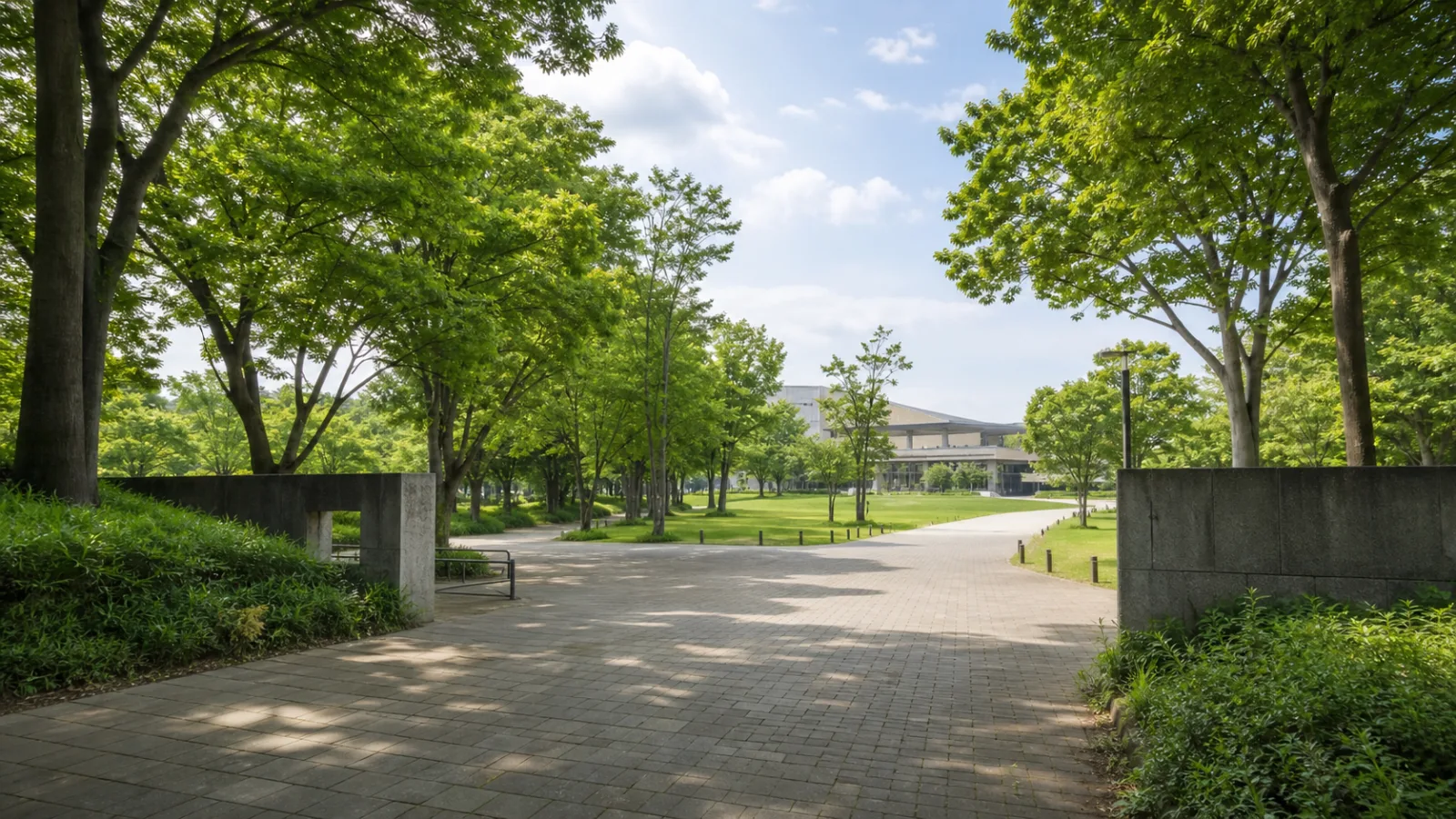 文化施設の気配から緑の園路へ入る公園散歩の補助画像