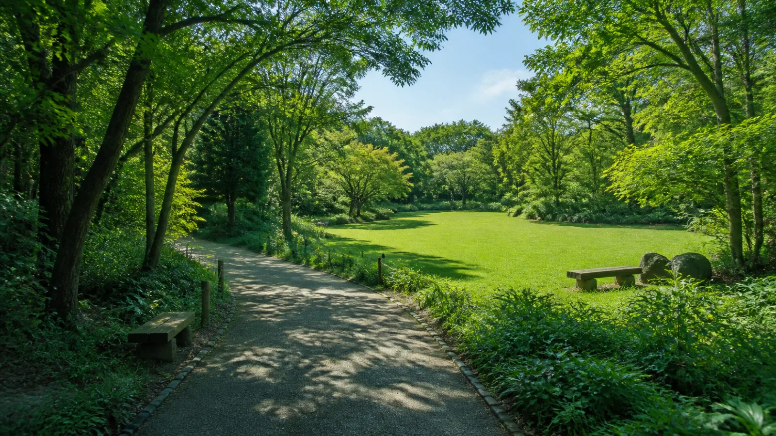 木陰の園路と小さな広場で休む公園散歩の補助画像