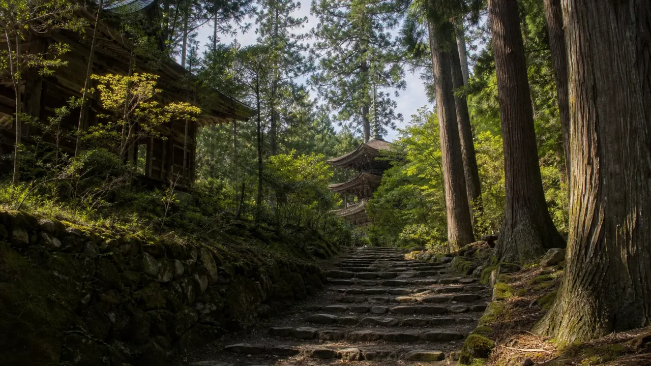 森の参道と三重塔を描いた、大法寺散歩のイメージ画像