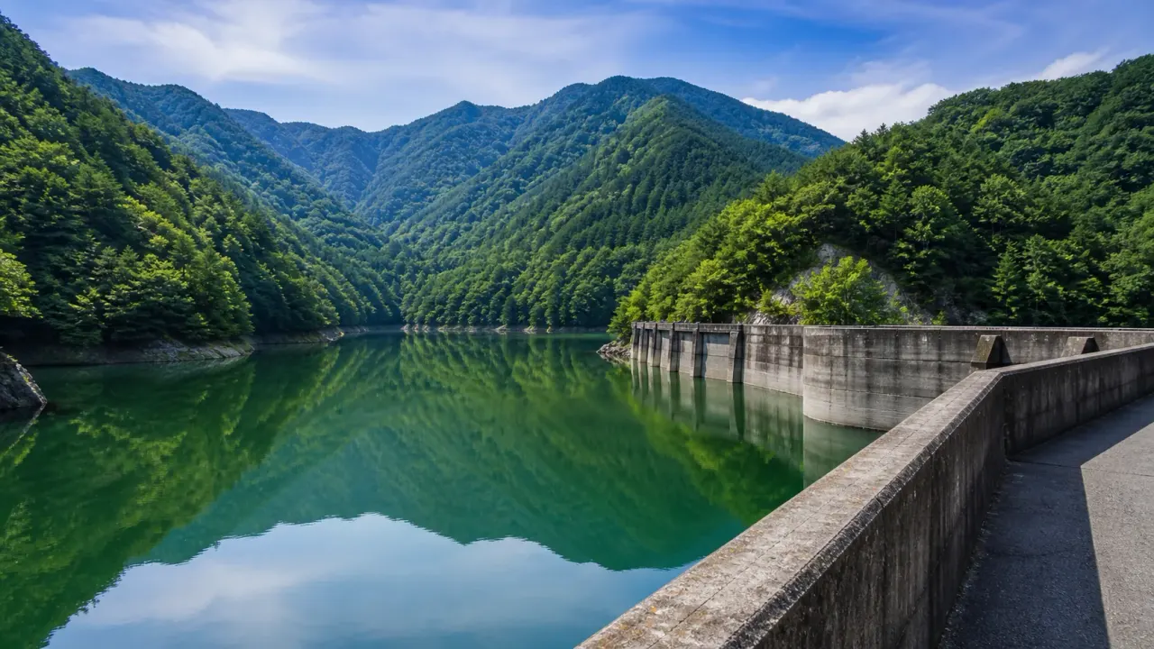 山あいの森に囲まれた静かなダム湖と荒川ダムをイメージした、能泉湖のカバー画像