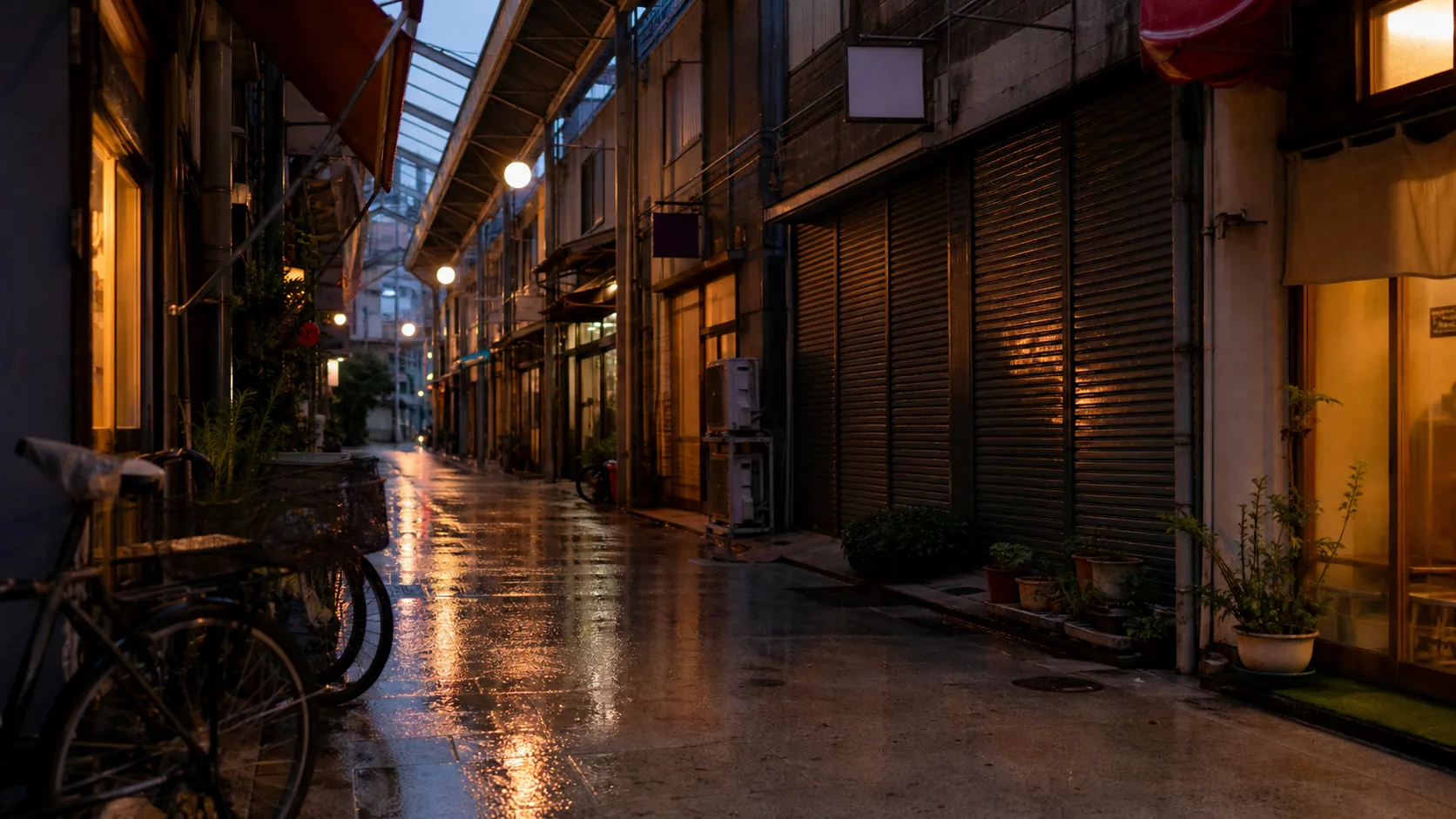 雨上がりの下町商店街のイメージ