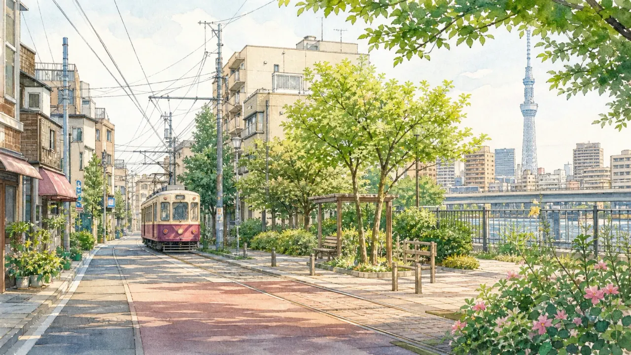 荒川区で散歩したい人向けに、荒川自然公園、汐入公園、都電荒川線、尾久・田端方面を整理。都電、下町、水辺、夜景を組み合わせて歩ける散歩ガイドです。