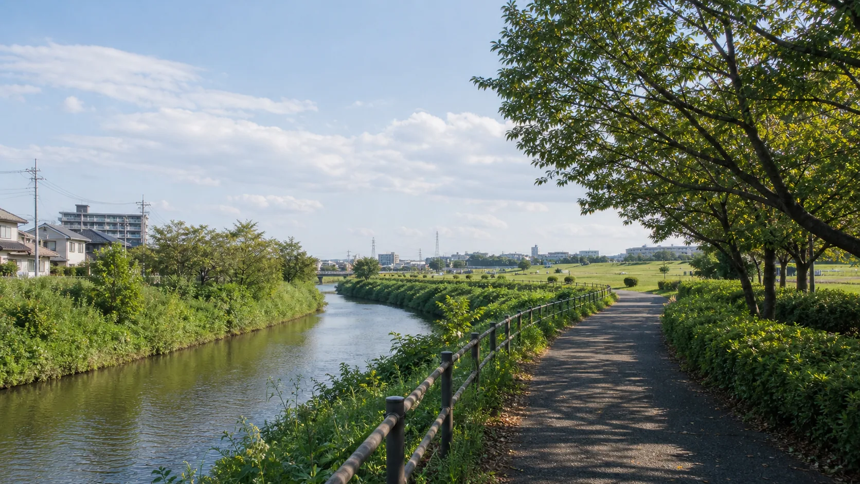 水辺の遊歩道と原っぱが続く散歩道のイメージ