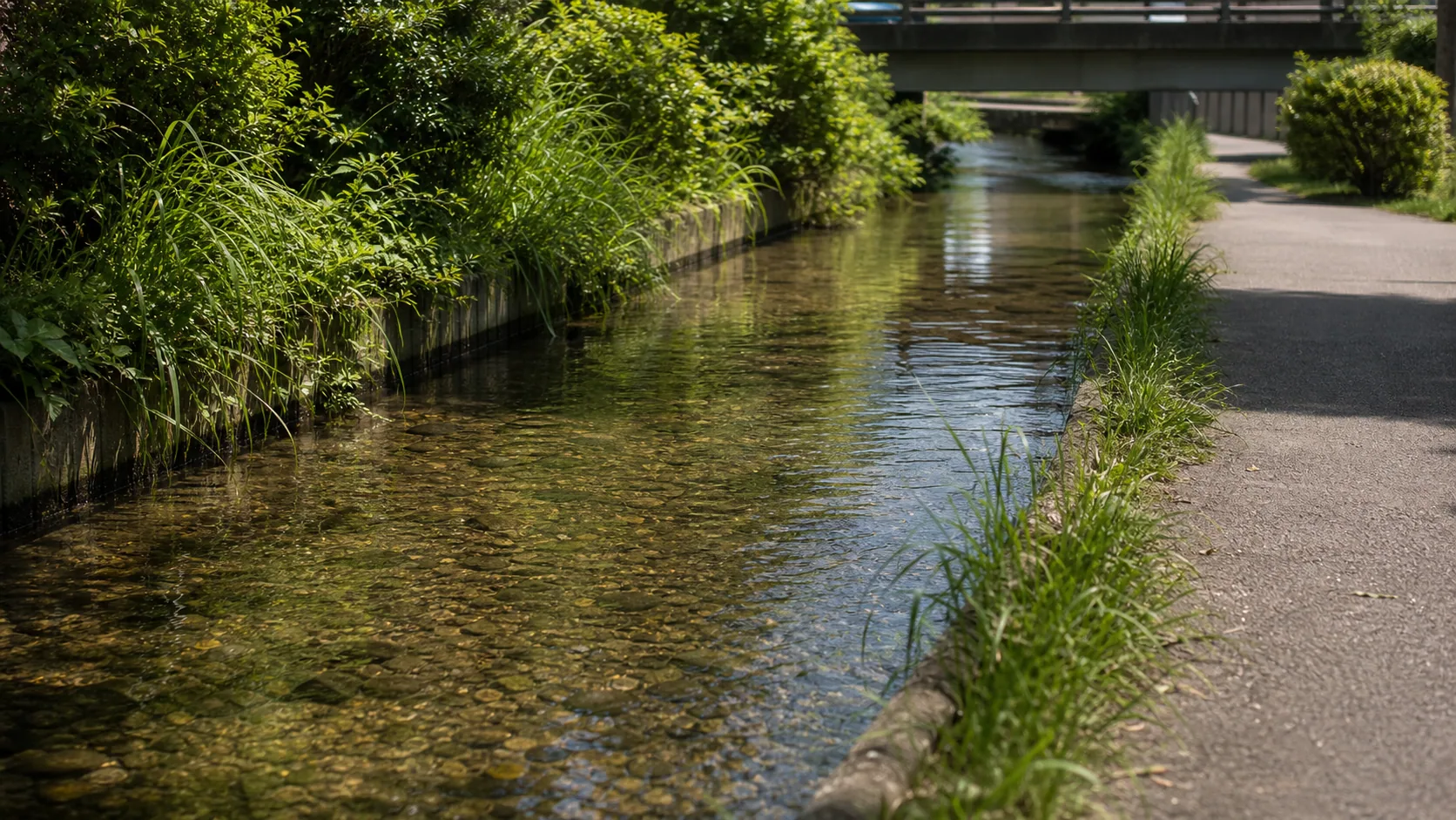 川沿いの草と水面の近景のイメージ