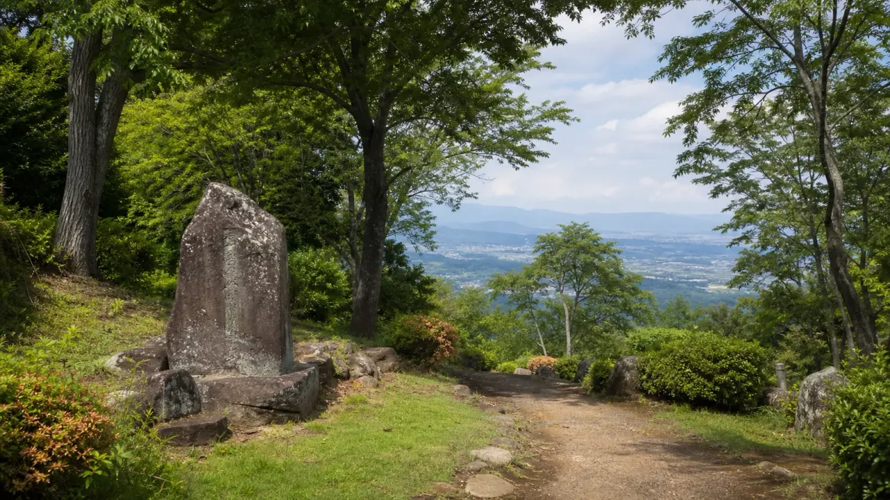 木々に囲まれた道と歌碑、遠くの山並みを望む足柄万葉公園のカバー画像