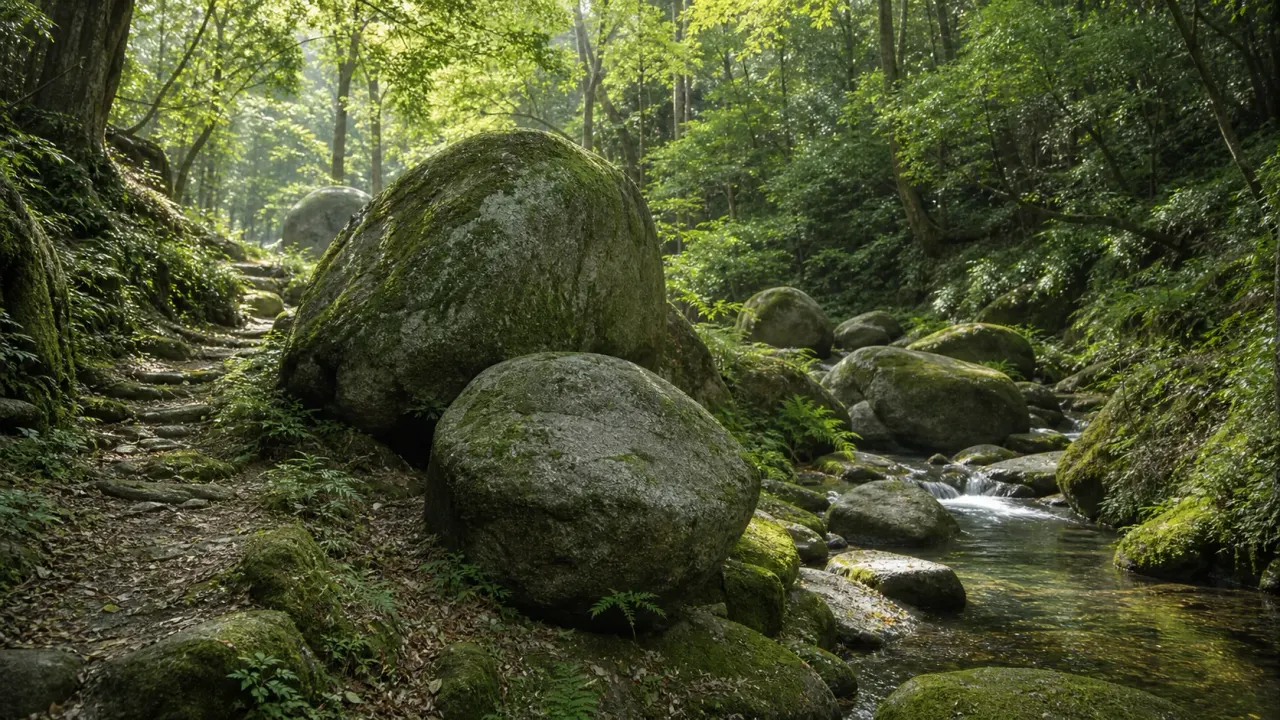 足利の名草巨石群を思わせる森の中の大きな岩と小さな沢を歩くカバー画像