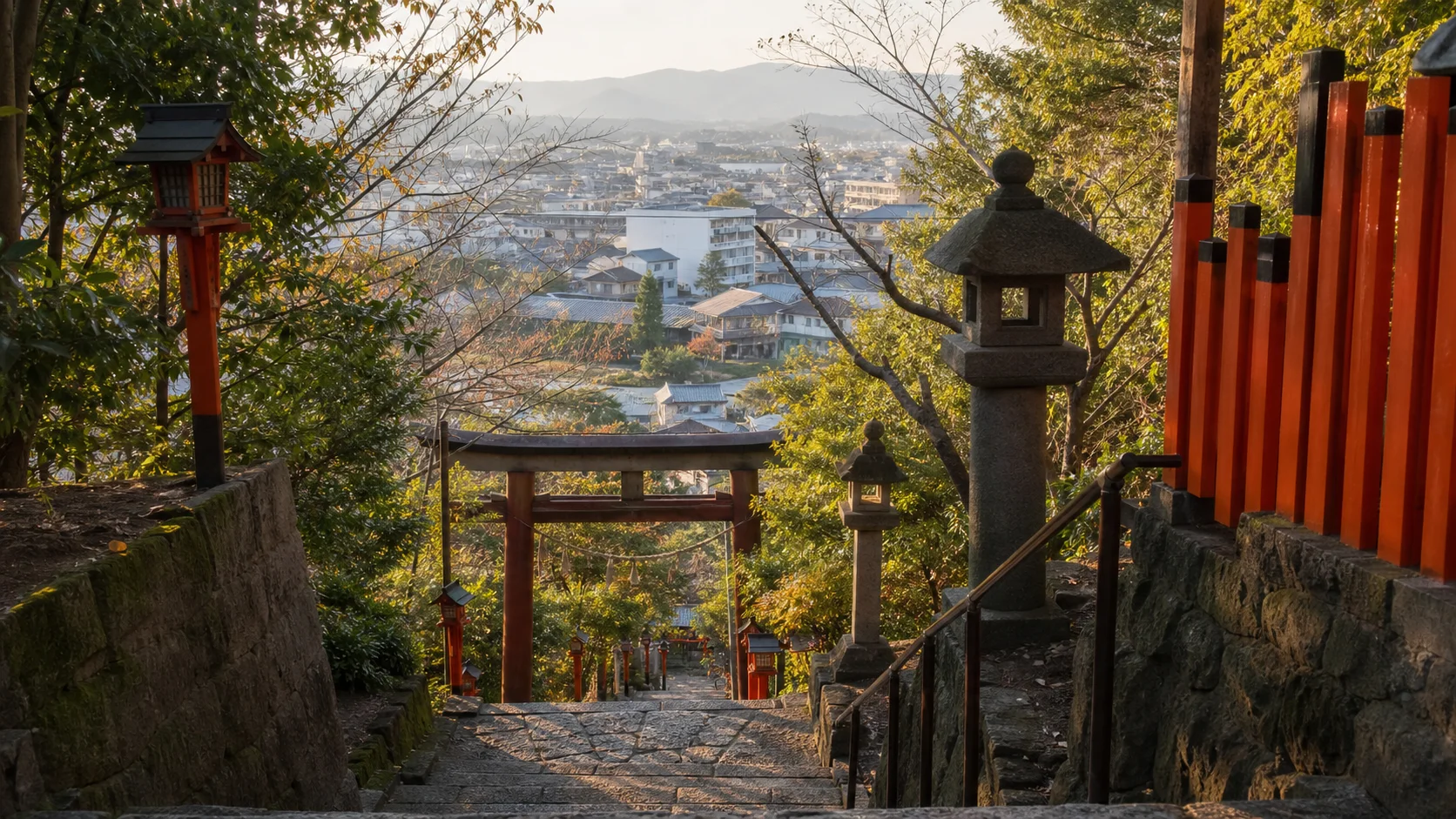 坂を上がって足利の町を眺める織姫神社方面のイメージ