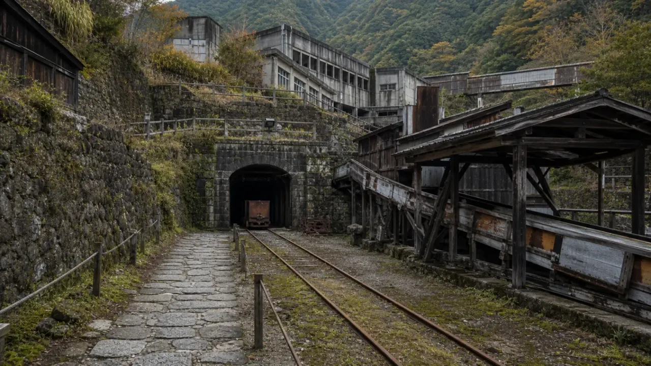 山あいの鉱山跡で坑道入口とトロッコ軌道が続く風景