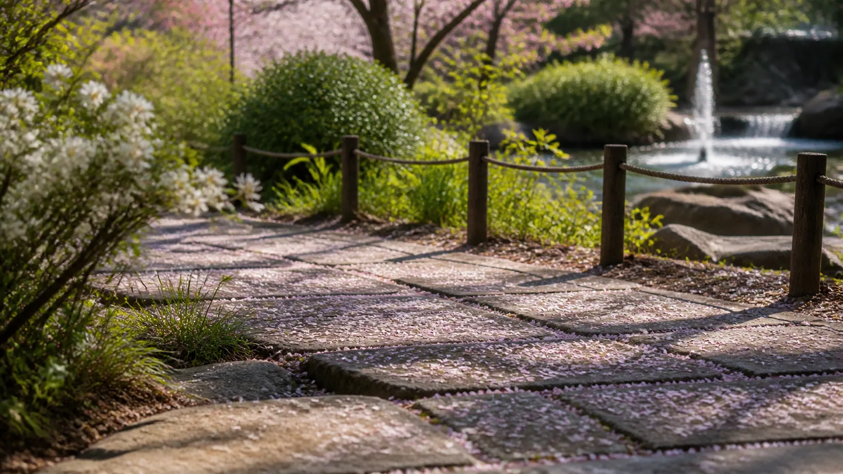 桜の花びらと水辺の植栽のイメージ