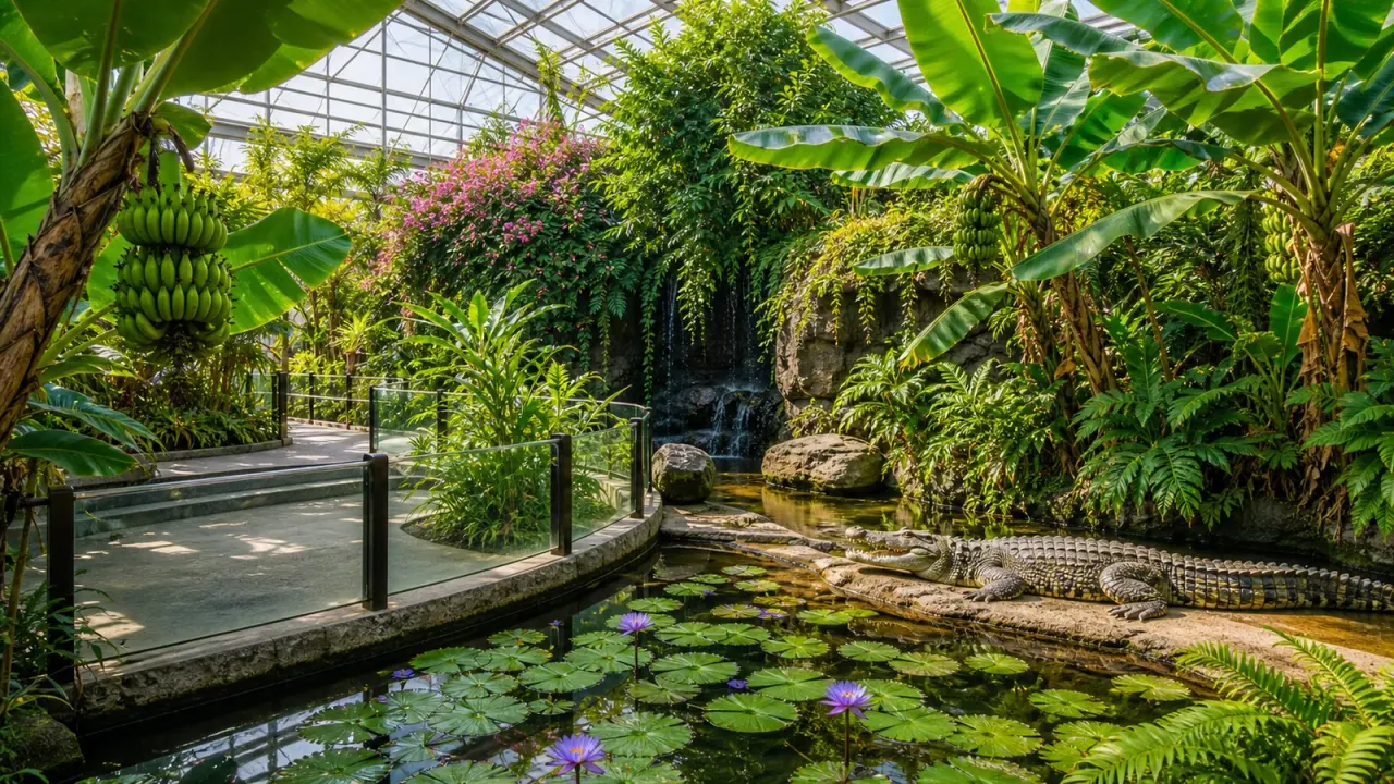 温室の熱帯植物と水辺で休むワニをイメージした、熱川バナナワニ園のカバー画像
