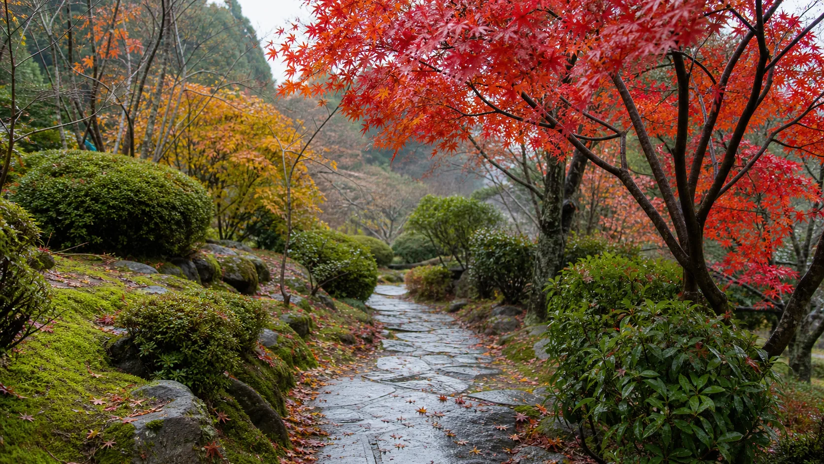紅葉した木々と濡れた石畳の園路を歩くイメージ