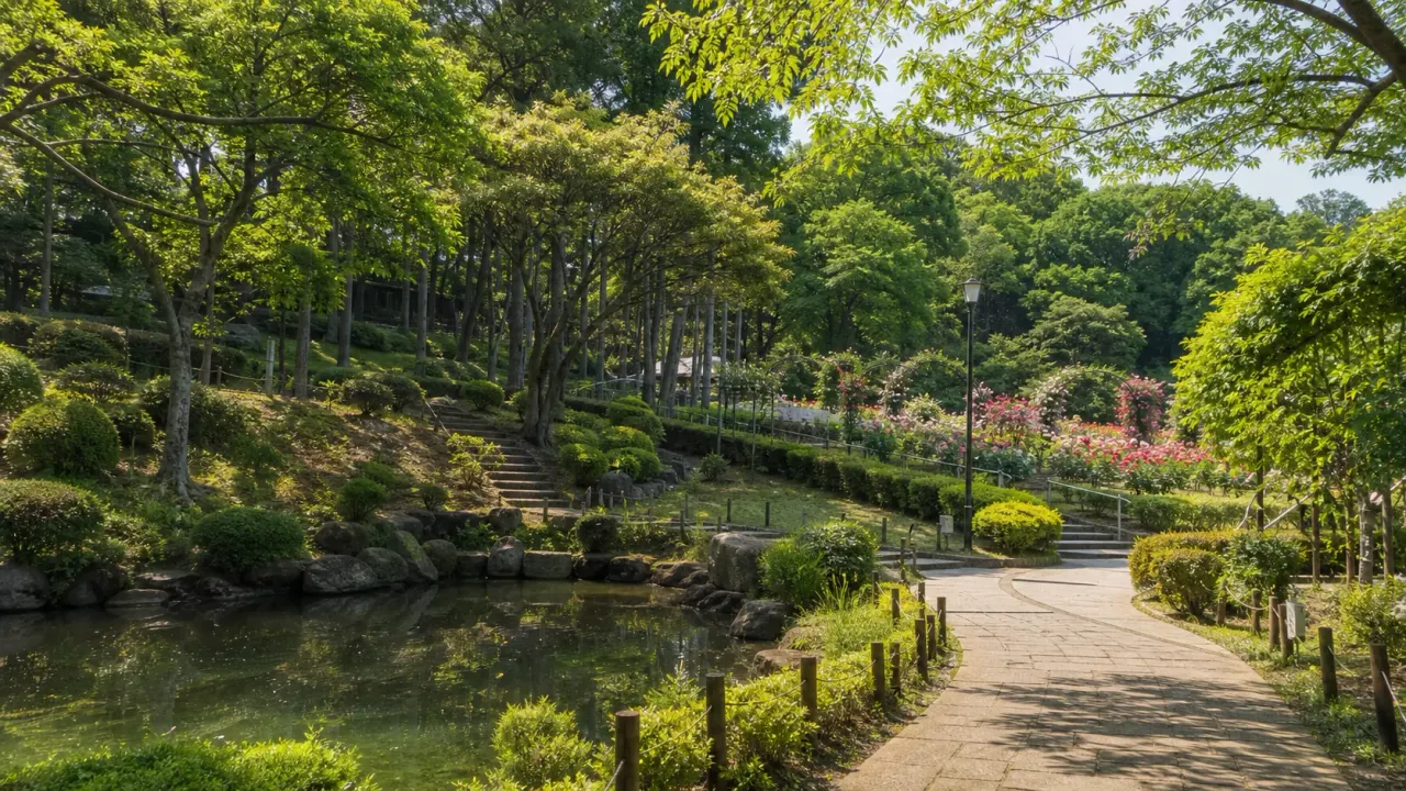 綾瀬市の城山公園で、早川城跡の土塁と堀切、花木園のバラ、日本庭園、桜の広場をゆっくり歩く散歩を紹介。海老名駅からバスで向かう半日コースです。