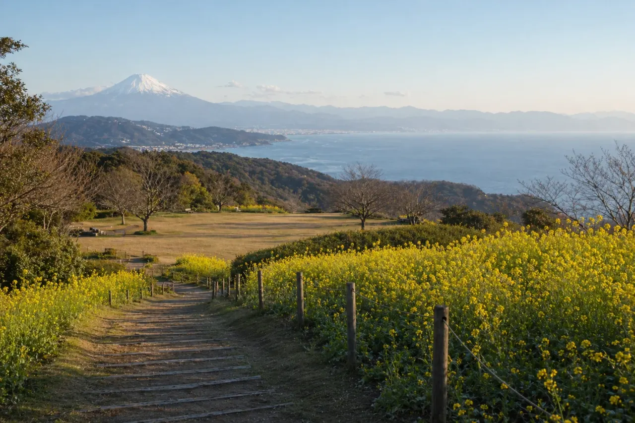 二宮町の吾妻山公園で、菜の花、芝生広場、相模湾と富士山の眺めをゆっくり味わう散歩を紹介。二宮駅から短い登りで景色へ切り替える1時間半の歩き方をまとめます。