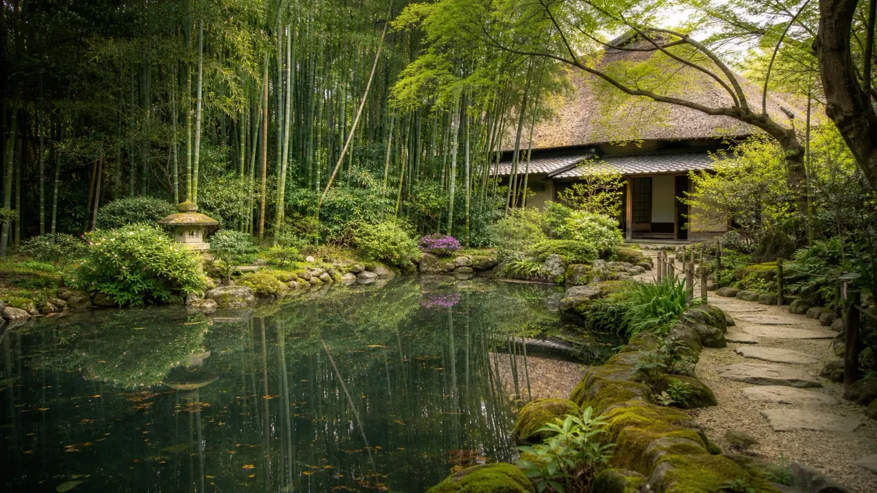 馬場花木園を思わせる池と竹林、古民家、季節の花がある和風庭園散歩のイメージ