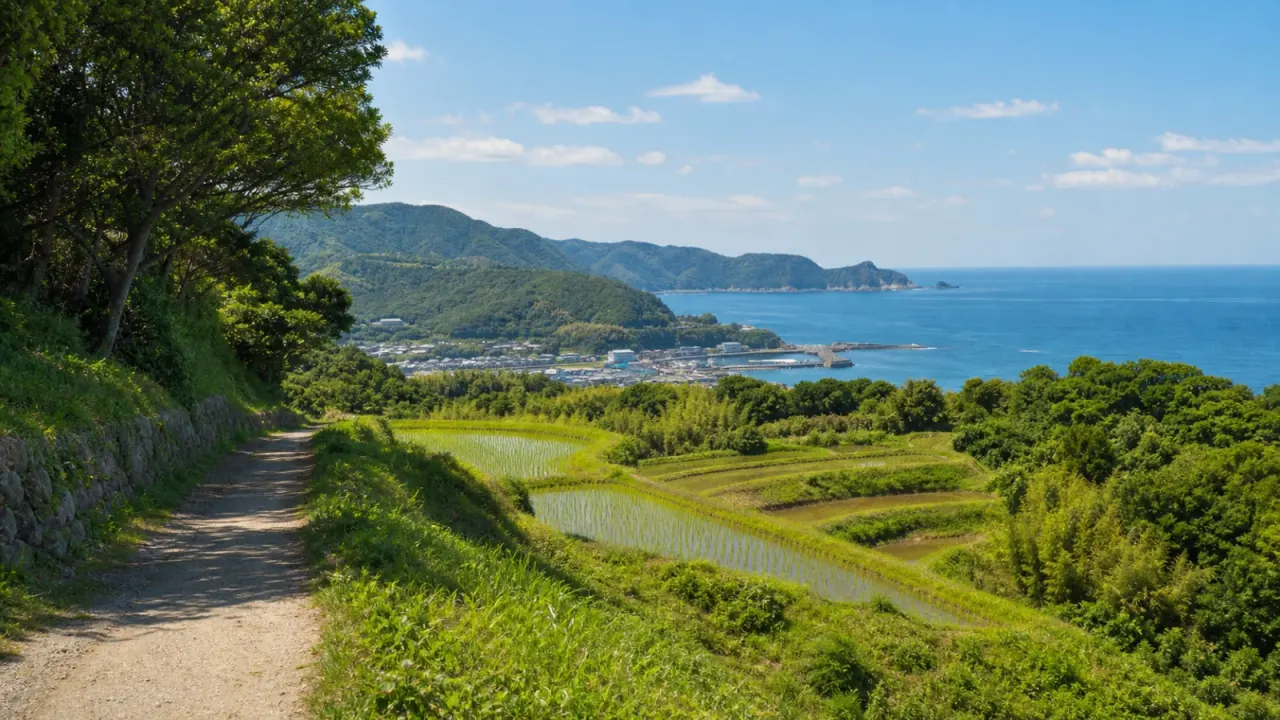 棚田と里山の向こうに青い海が見える房総半島の日帰り散歩イメージ