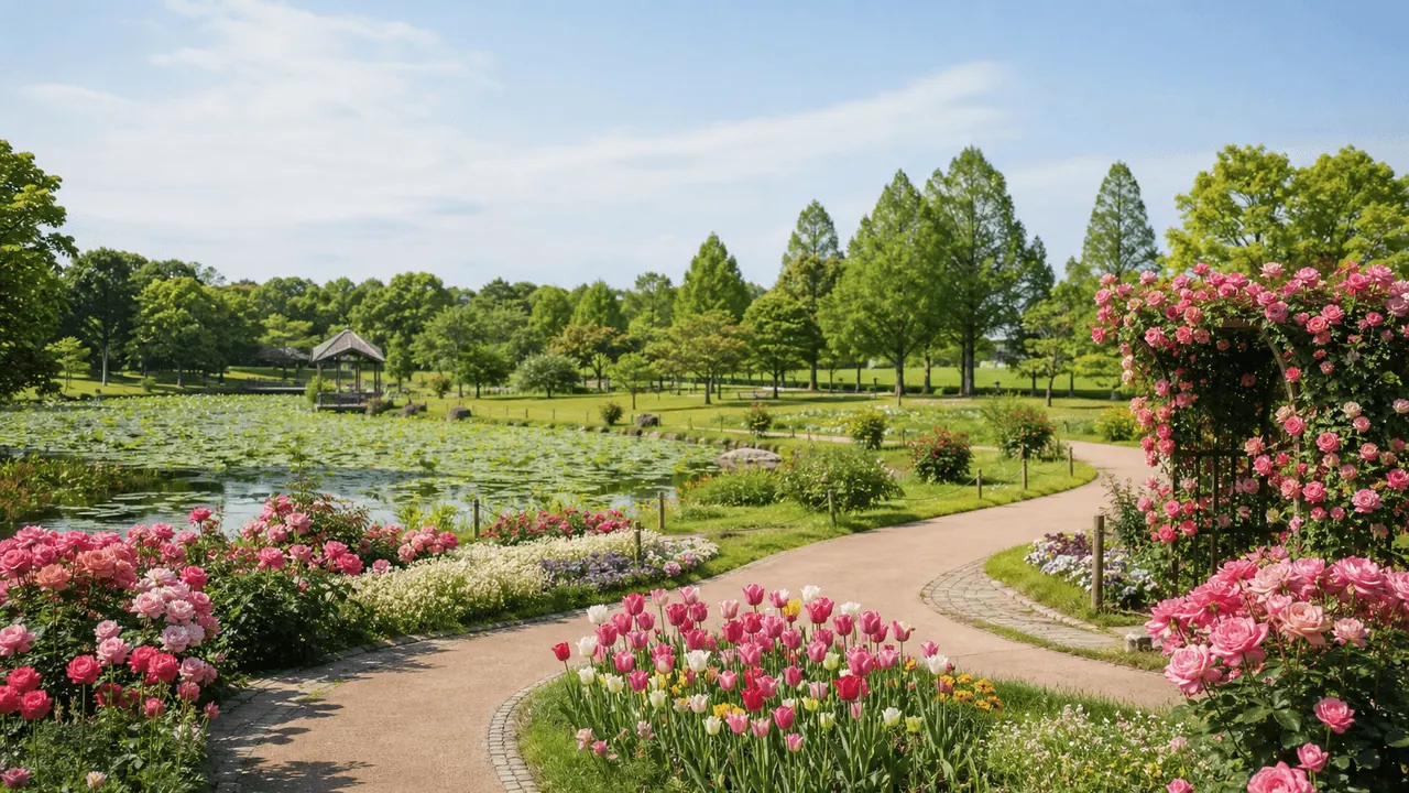 バラやチューリップが咲く公園の園路と池を眺める千葉の花散歩イメージ