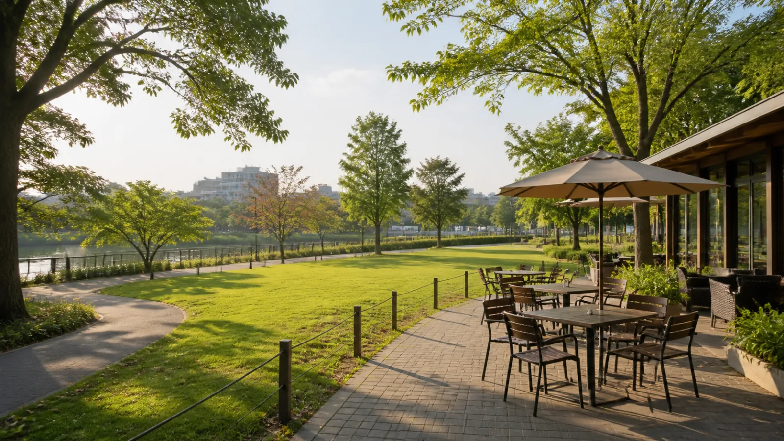 芝生と木陰のある駅近公園で休憩する補助画像