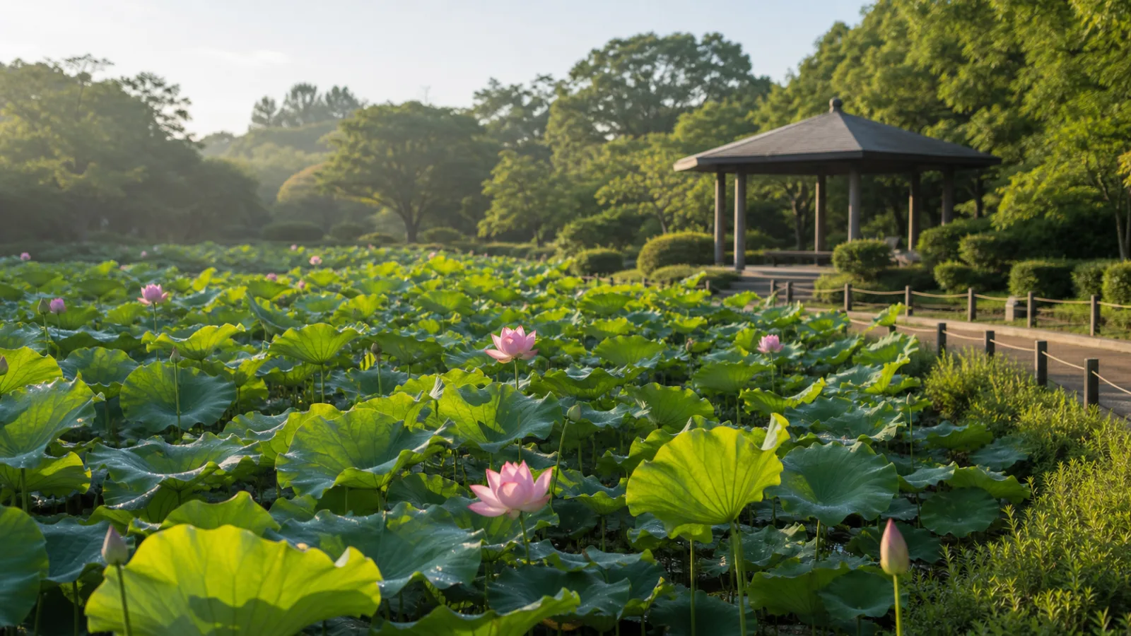 朝のハス池と園路を眺める公園散歩の補助画像