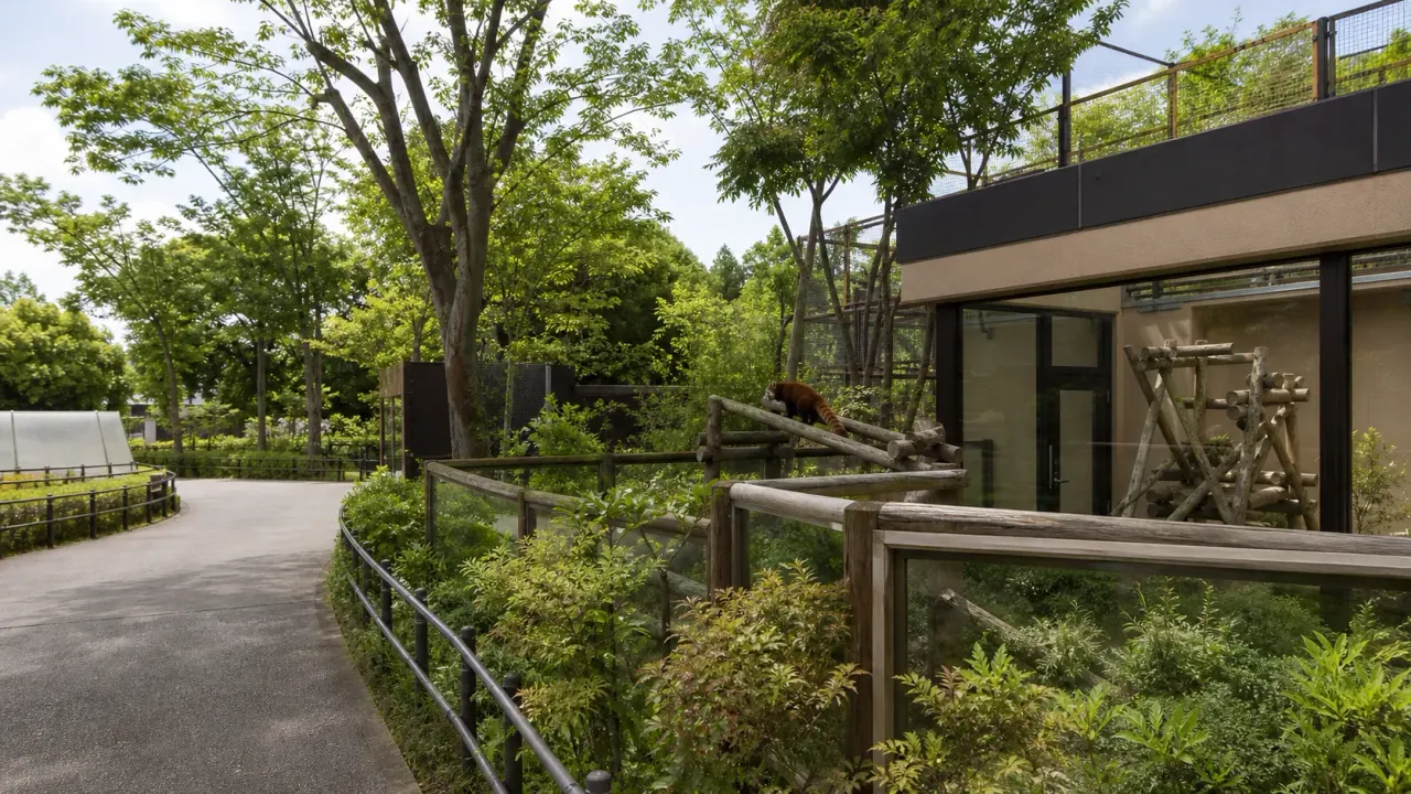 木々に囲まれた動物展示と園路をイメージした、千葉市動物公園のカバー画像