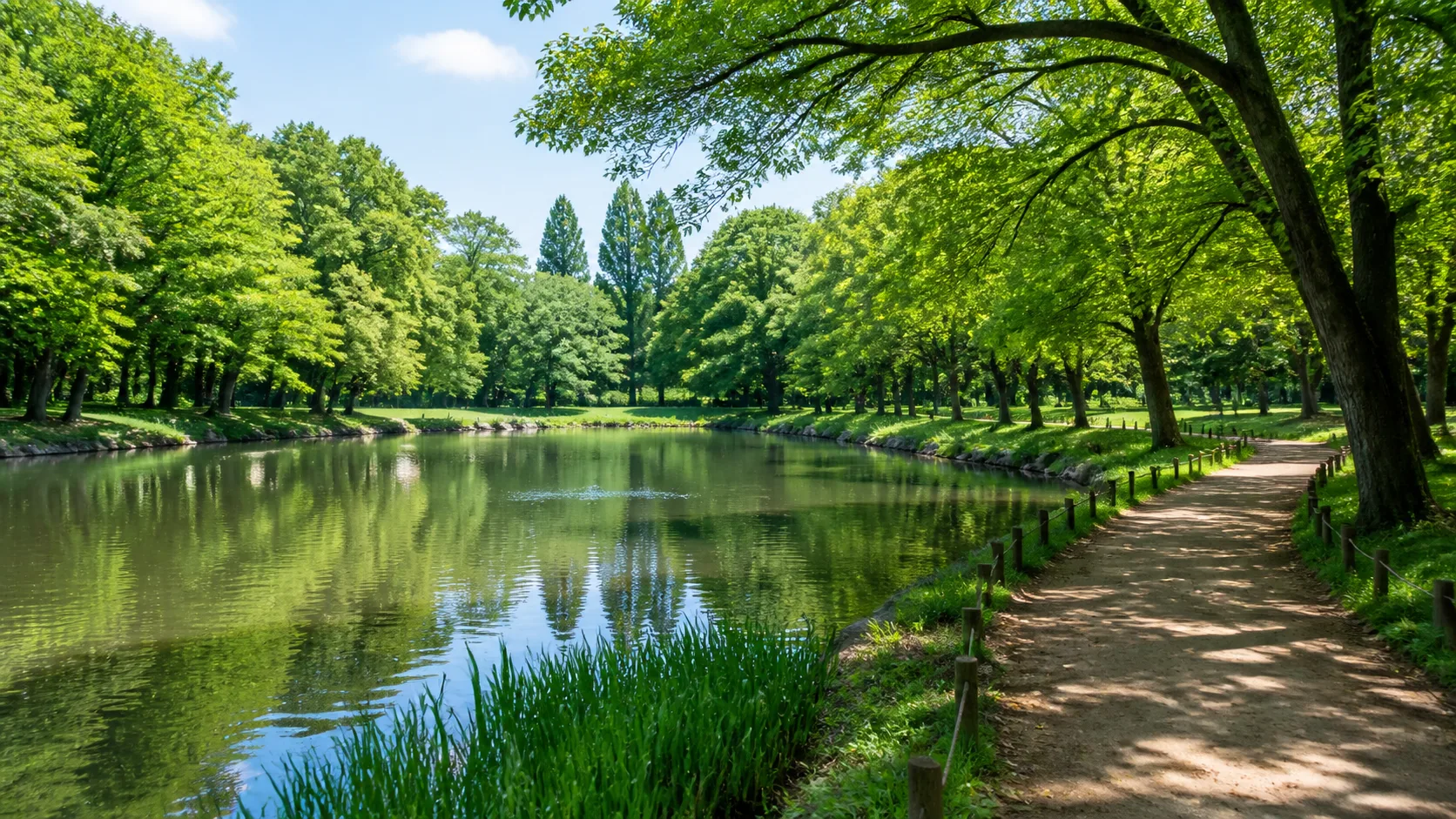 智光山公園を思わせる池と木陰の園路の補助画像