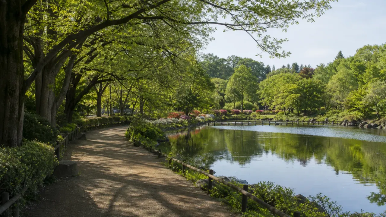 広い都市公園の森と池、木陰の園路を思わせる静かな公園散歩のイメージ