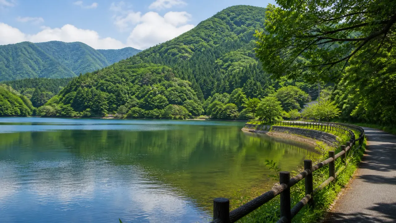 甲府の山あいにある静かな千代田湖の水面と湖畔の道、周囲の緑をイメージしたカバー画像