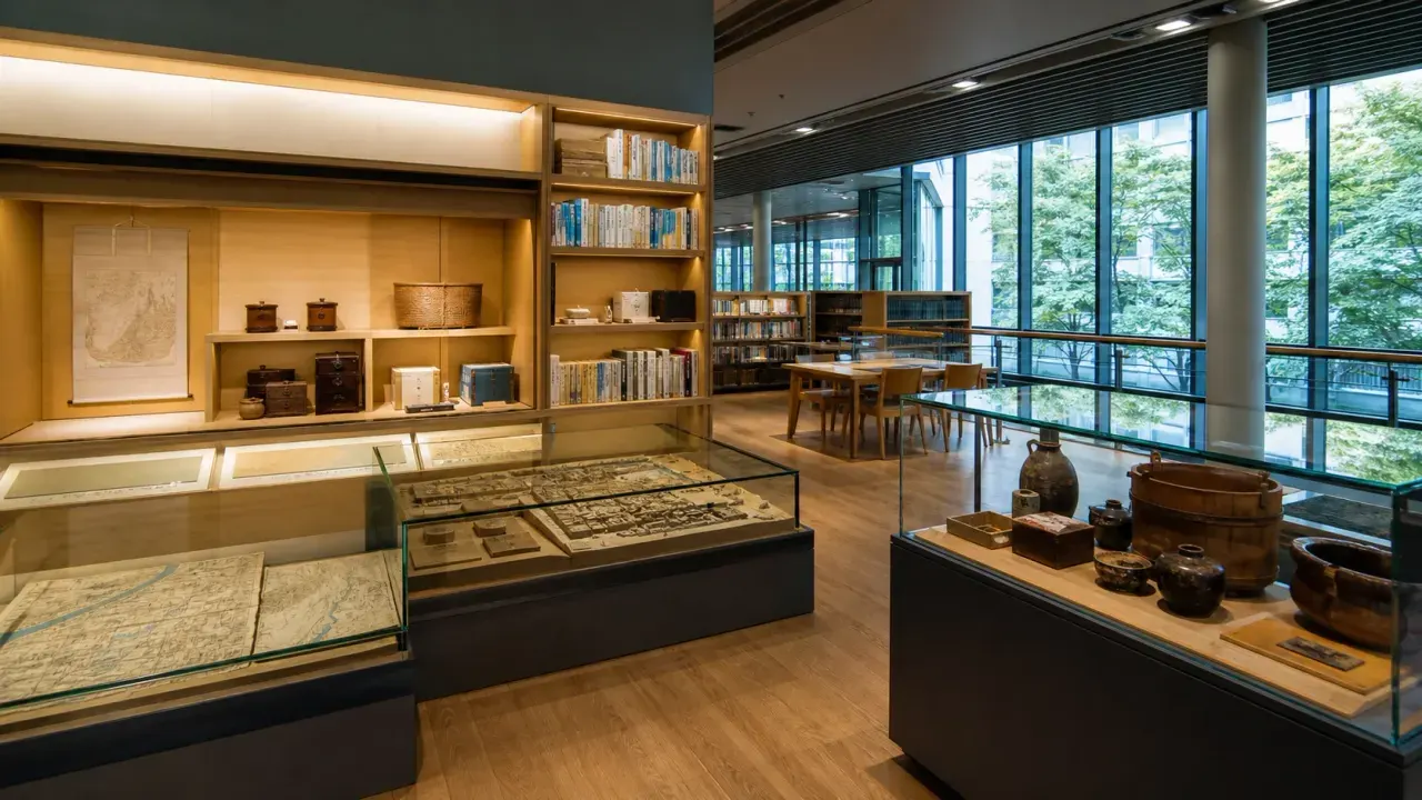 中央区立郷土資料館をイメージした、図書館と郷土展示が並ぶカバー画像