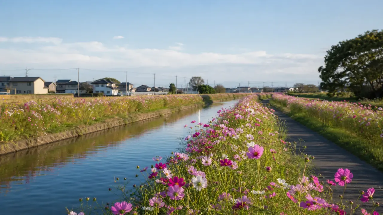 埼玉県久喜市のコスモスふれあいロードを歩く散歩記事。葛西用水路沿いに咲くコスモス、鷲宮・東鷲宮周辺からの歩き方、秋の見頃と注意点をまとめます。