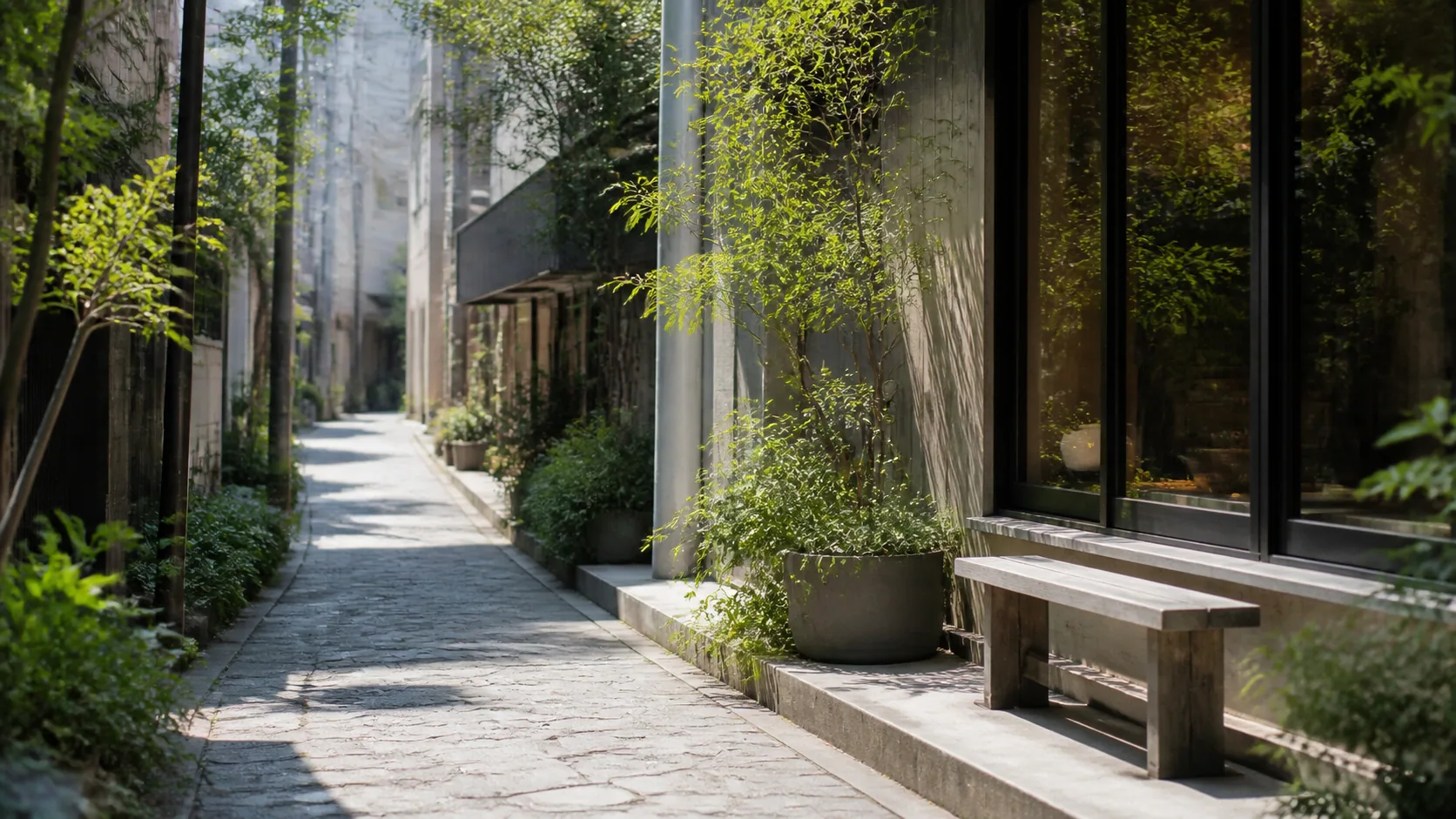 静かな裏道の植栽と通路のイメージ