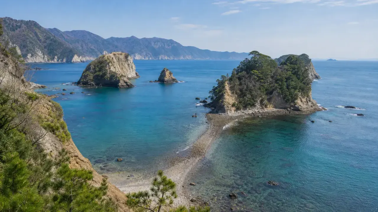 西伊豆町・堂ヶ島のトンボロを中心に歩く海辺散歩ガイド。三四郎島、瀬浜海岸、潮位確認、歩ける時期、足元の注意点をまとめます。