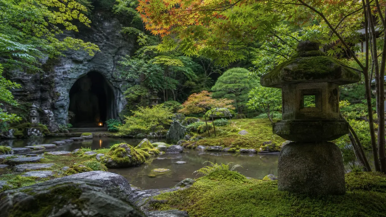 高崎の洞窟観音と徳明園を思わせる石灯籠、苔、池泉庭園、洞窟入口のカバー画像