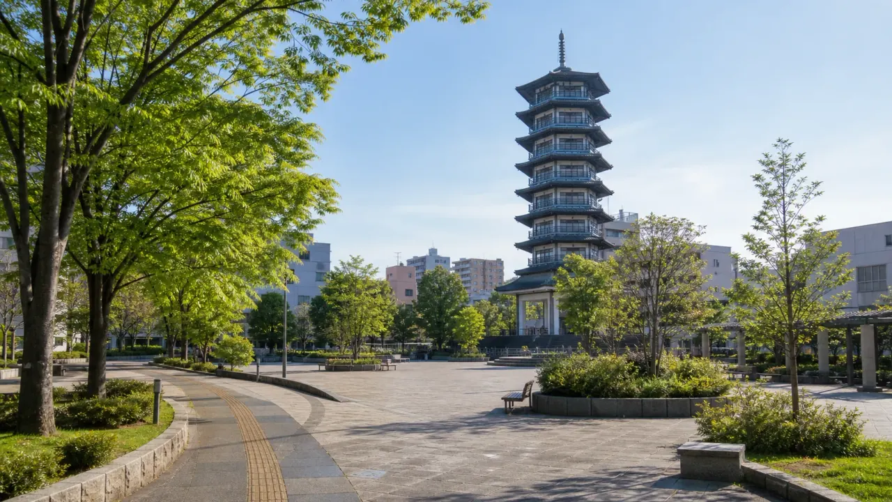 海老名市の海老名中央公園で、七重の塔、つどいの広場、かたらいの広場をゆっくり歩く散歩を紹介。海老名駅前で買い物や乗り換えの合間に使いやすい短時間コースです。