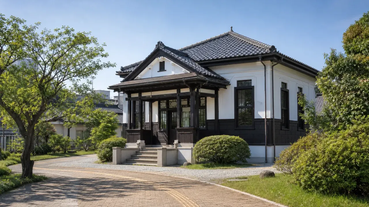 白い旧役場風の近代建築と緑の庭をイメージした、海老名市温故館のカバー画像