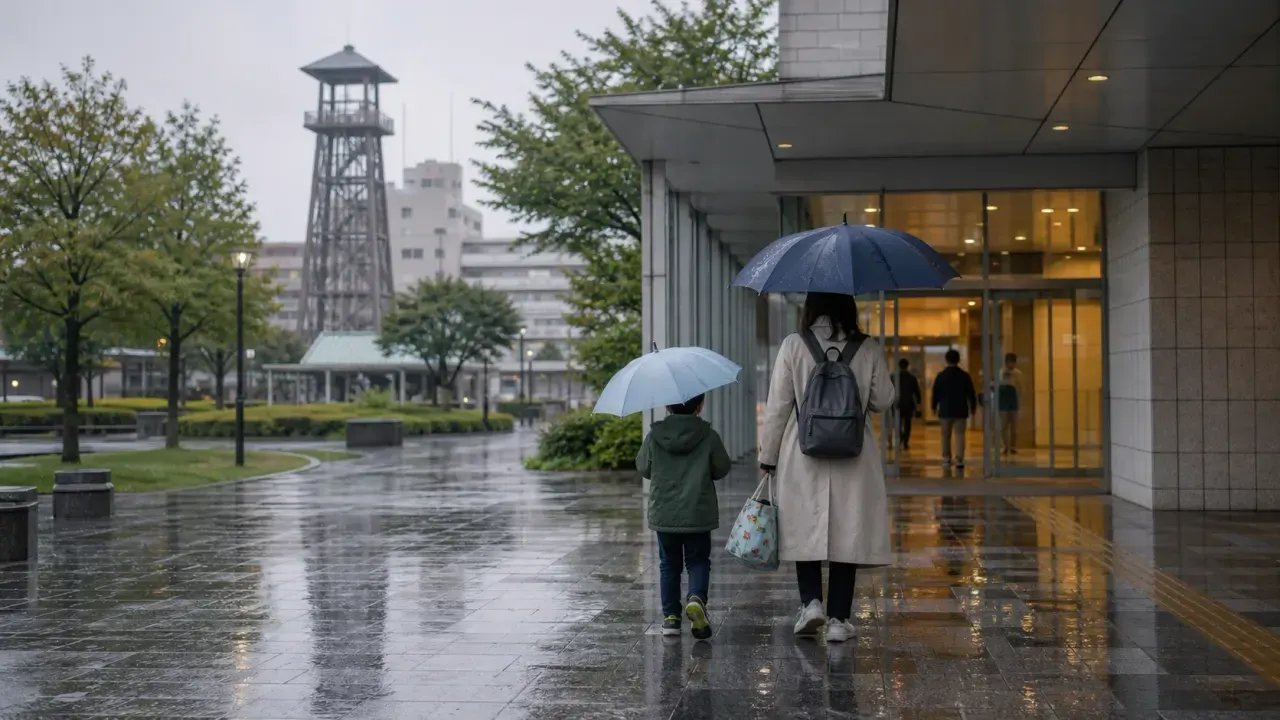 雨の海老名駅前で、屋内ミュージアムと駅前公園を行き先に選ぶ親子の気配をイメージした編集写真風カバー画像