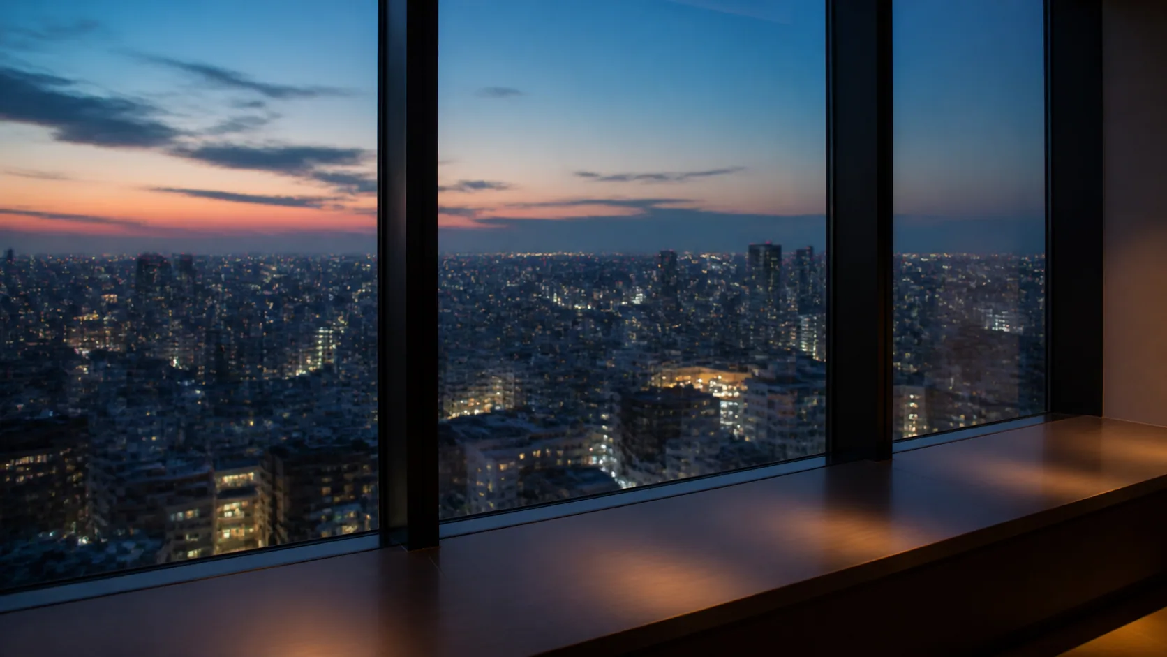 夕方の高層階から街明かりを眺める場面のイメージ