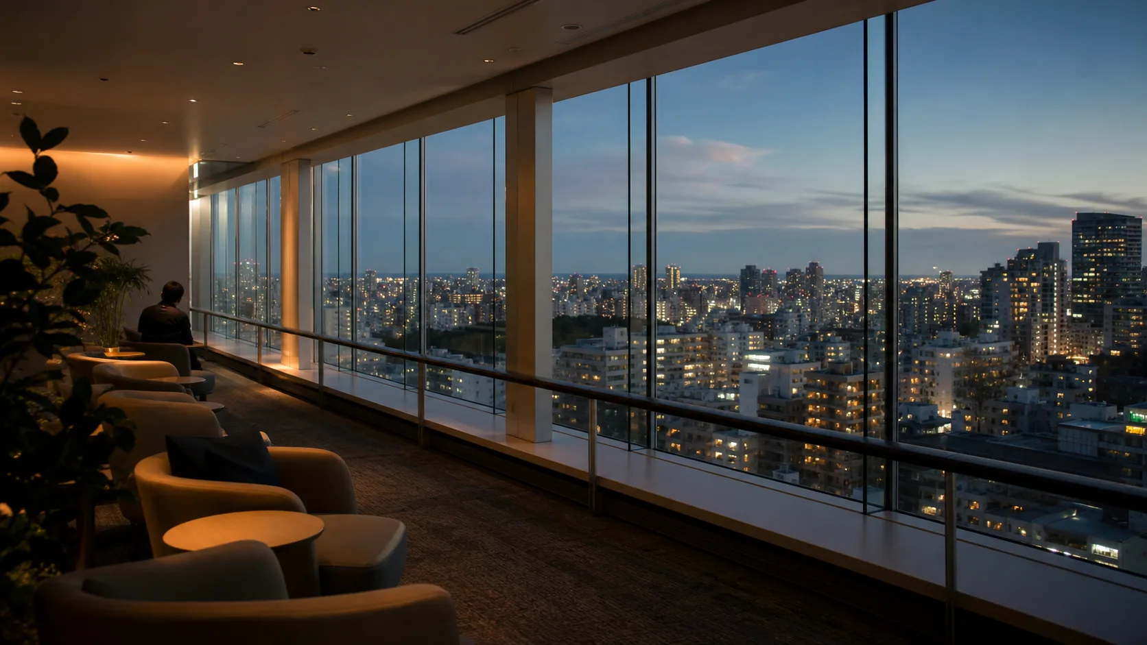 高層階の展望ラウンジから夕景を眺める空気感のイメージ