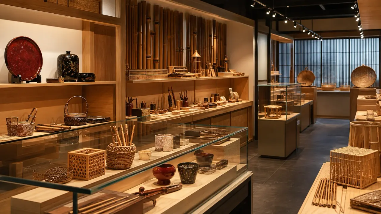 江戸たいとう伝統工芸館をイメージした、伝統工芸品が並ぶ落ち着いた展示室のカバー画像