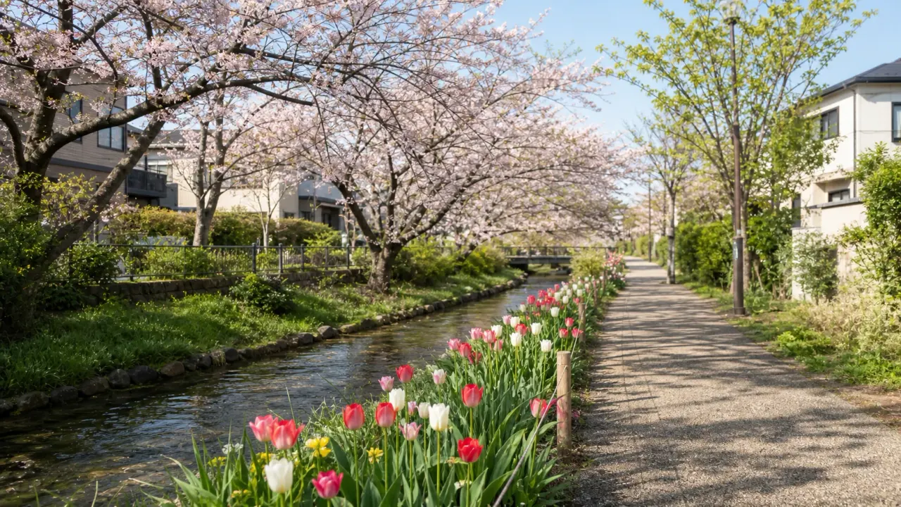 江川せせらぎ緑道へのアクセス、駐車場なしの注意点、バス停、歩き方を横浜市都筑区公式情報をもとに整理。春の花だけでなく短い水辺散歩として紹介します。
